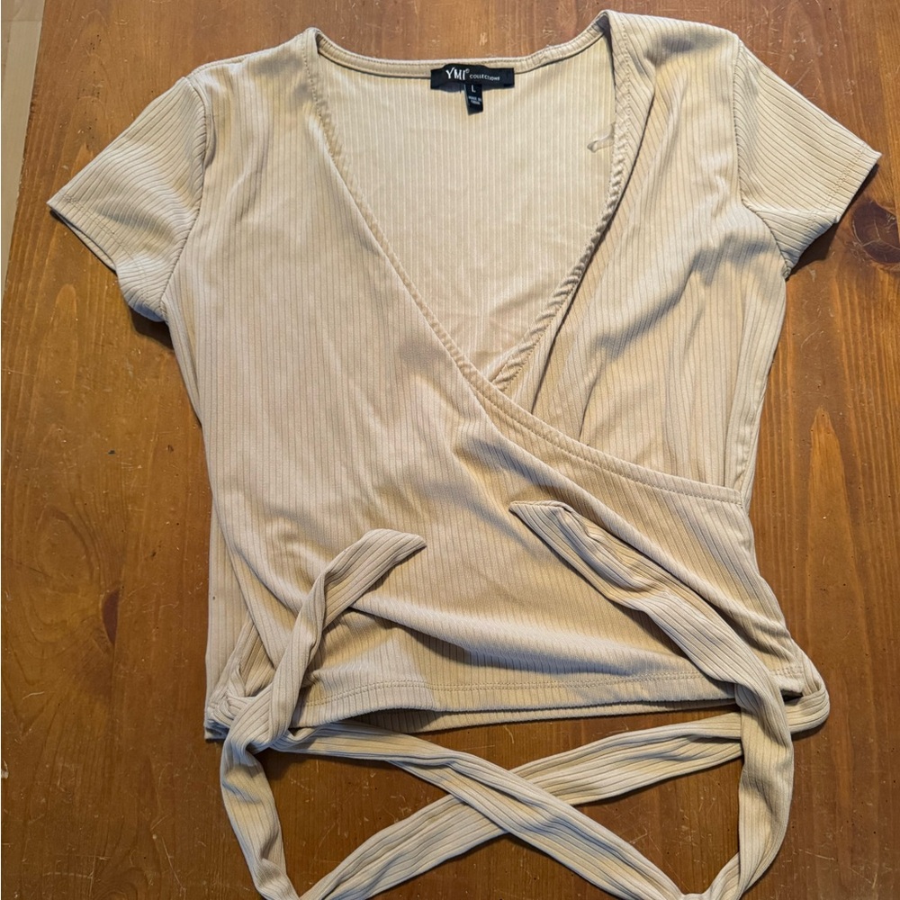 Vici Beige Ribbed Wrap Tee